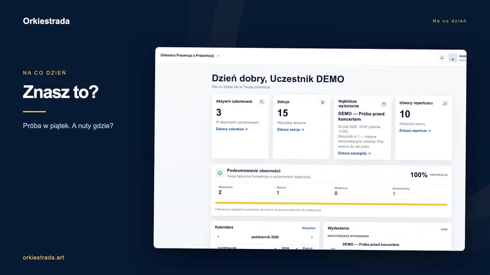 Kadr z pokazu Orkiestrady: organizacja próby i materiały zespołu.